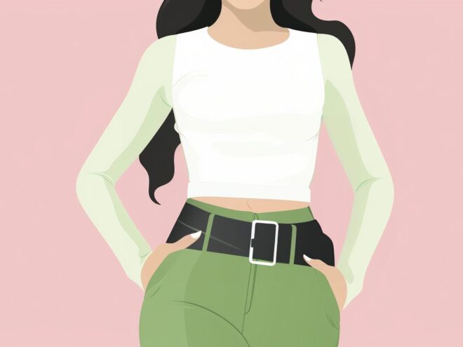 A woman wearing cargo pants and a crop top.