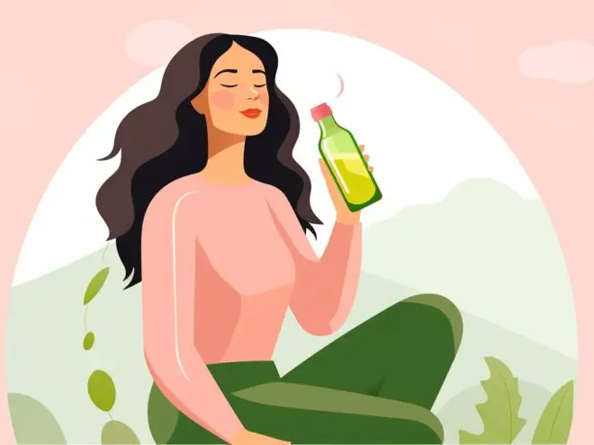 A woman drinking a bottle of juice.