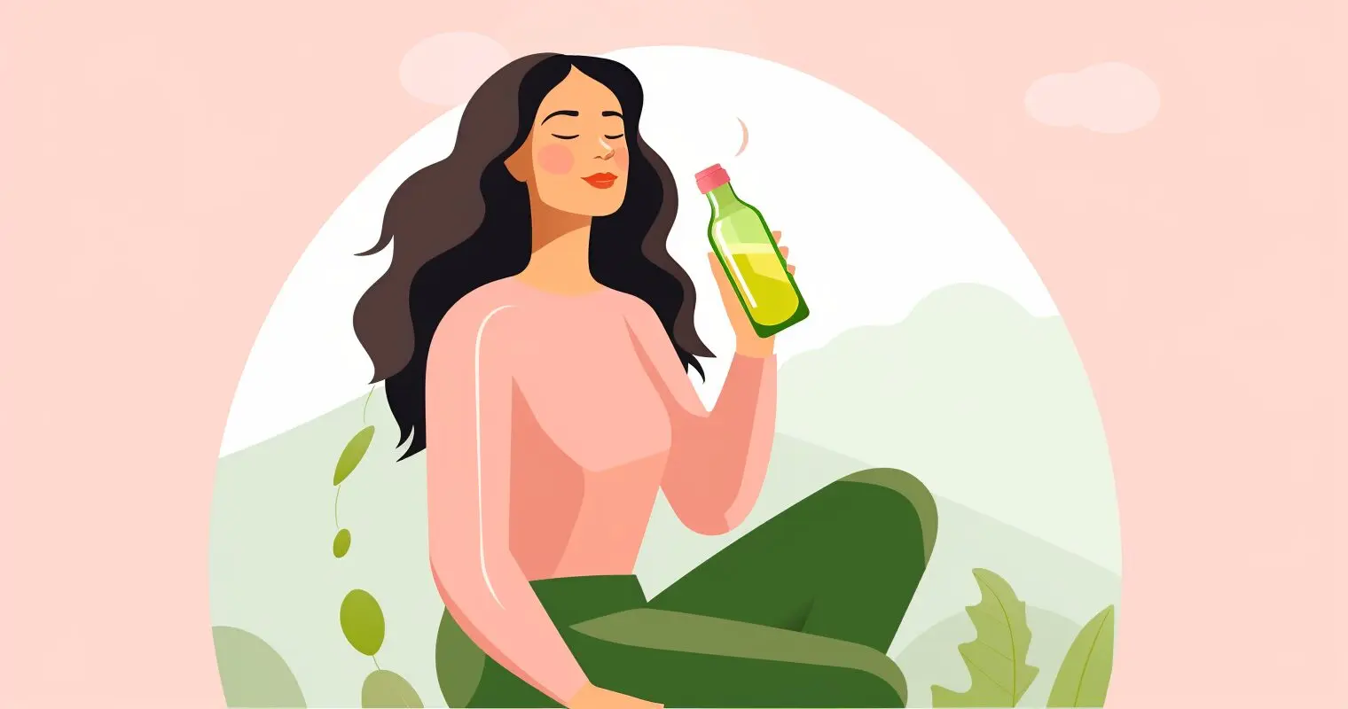 A woman drinking a bottle of juice.