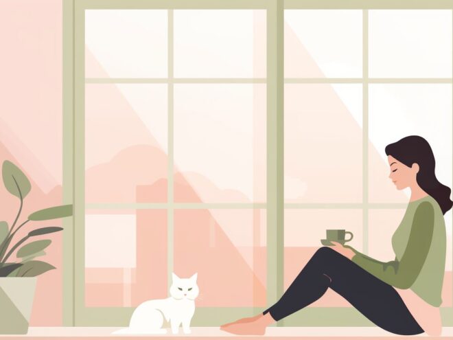 A woman sitting by a window with a cat.