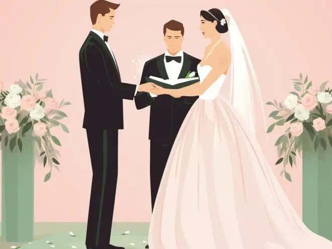 A wedding officiante marries a bride and groom.