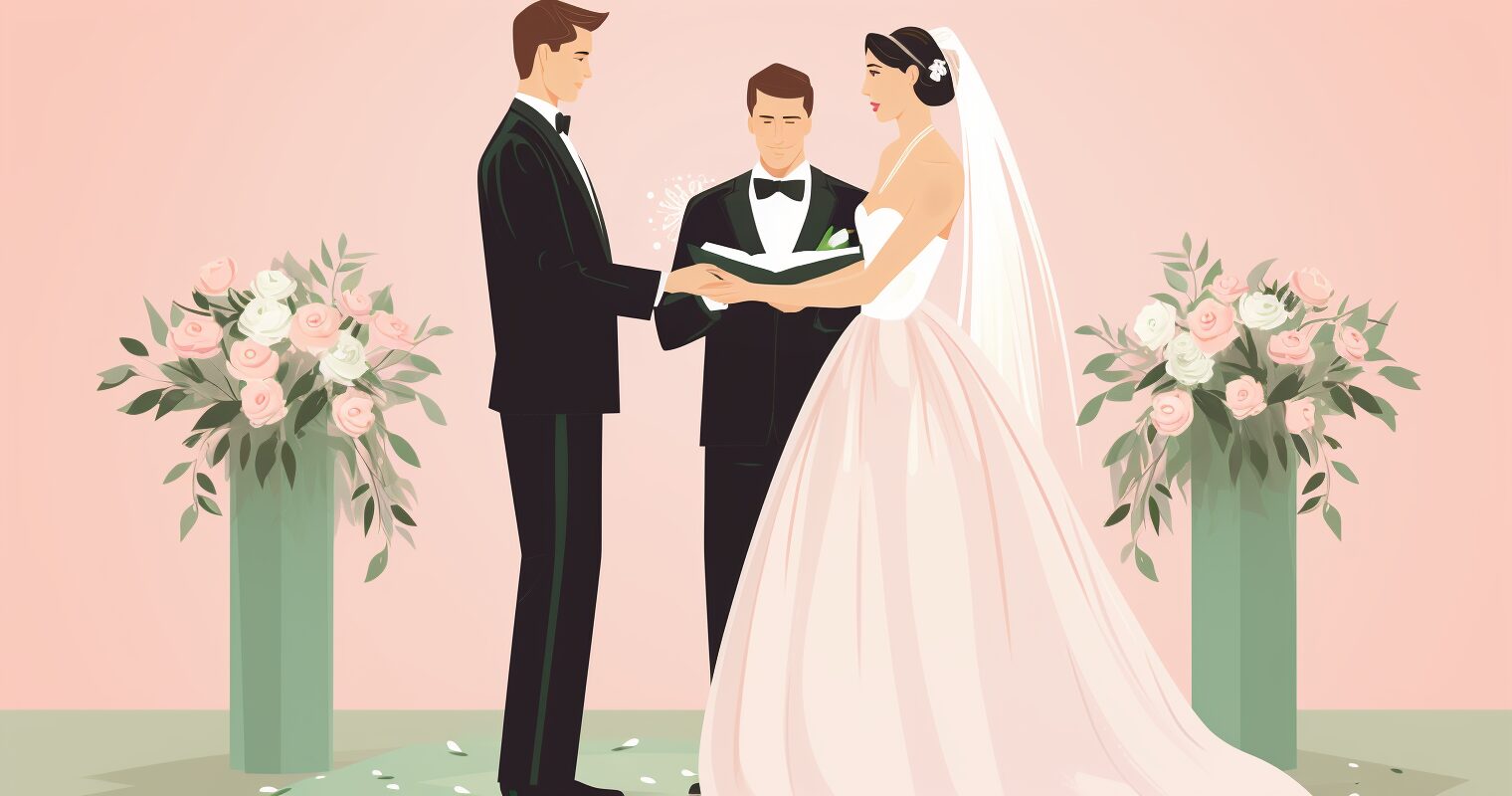 A wedding officiante marries a bride and groom.
