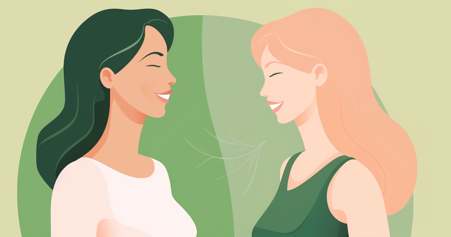 Two women smiling at each other.
