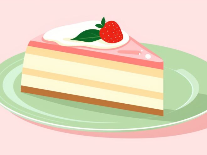 A slice of cake on a plate topped with a strawberry and pink icing.