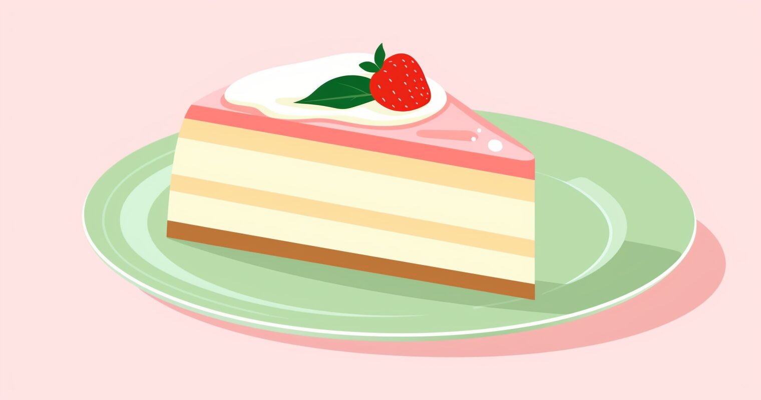 A slice of cake on a plate topped with a strawberry and pink icing.