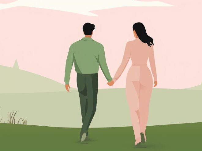 A man and woman holding hands walking through a park.
