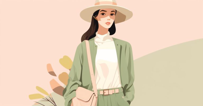 A woman wearing a hat, a white turtleneck and a green cardigan with a light pink purse.
