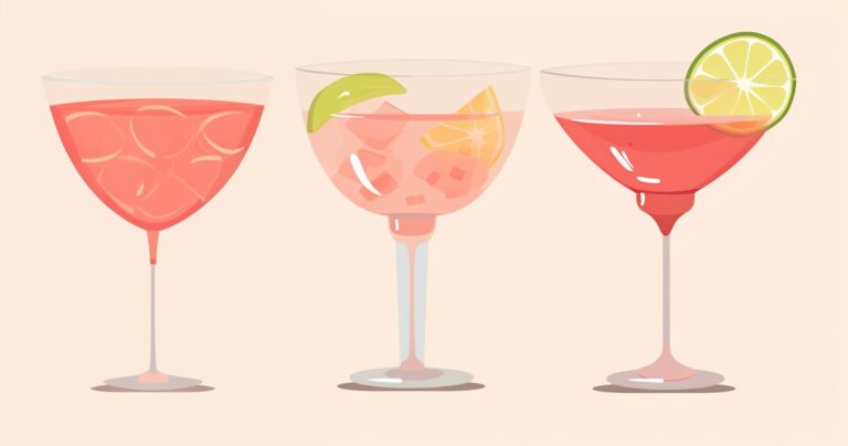 Three cocktail glasses with different drinks in them.