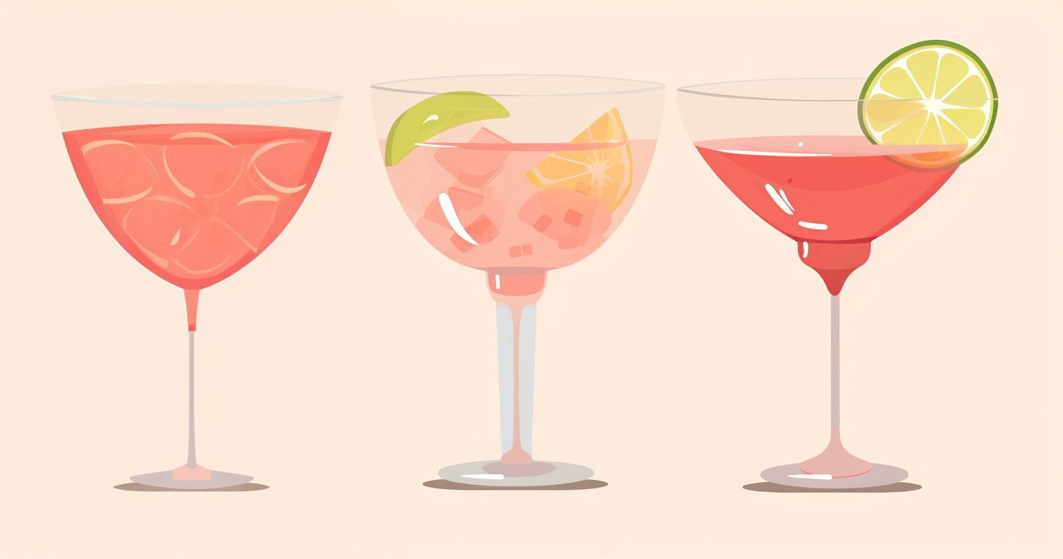 Three cocktail glasses with different drinks in them.