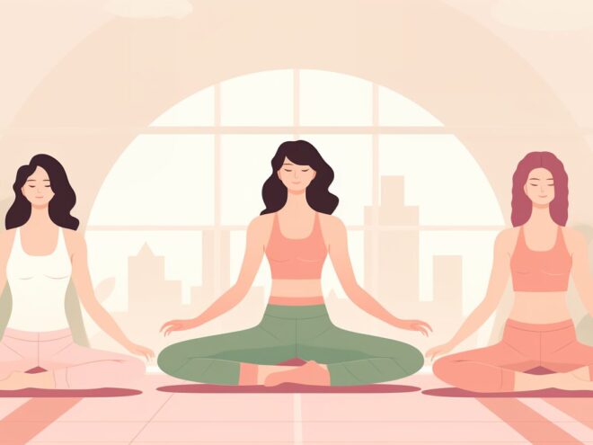 Three women doing yoga.