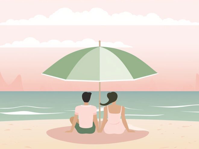 A man and woman sit under a beach umbrella.