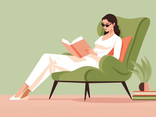 A woman sitting in an armchair reading a book.