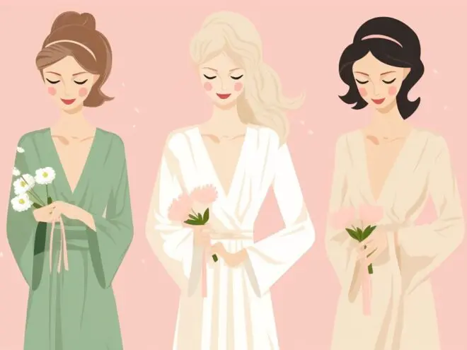 A bride and bridesmaids wearing robes.
