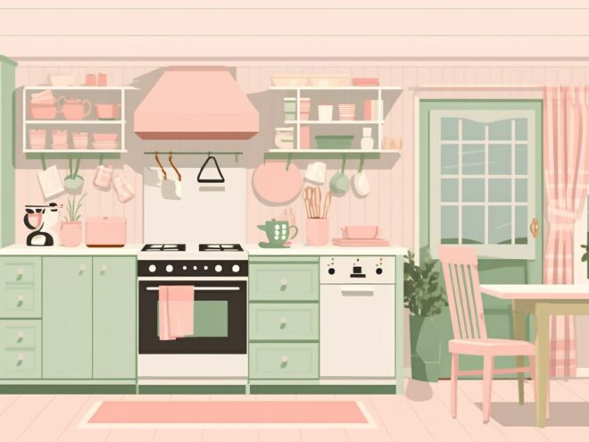 A cottage kitchen decorated with flowers and plaid patterns.