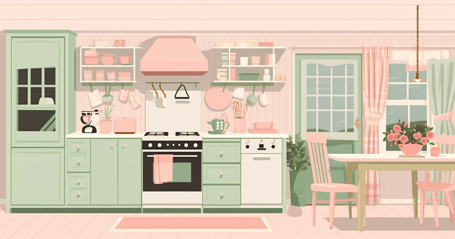 A cottage kitchen decorated with flowers and plaid patterns.