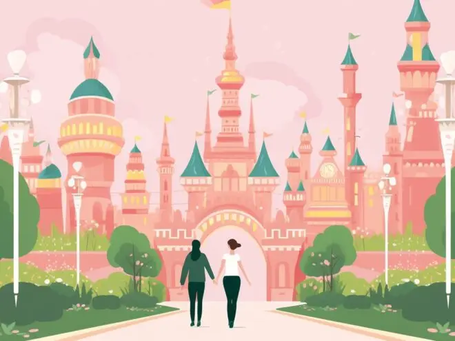 A couple holds hands while walking through Disneyland.