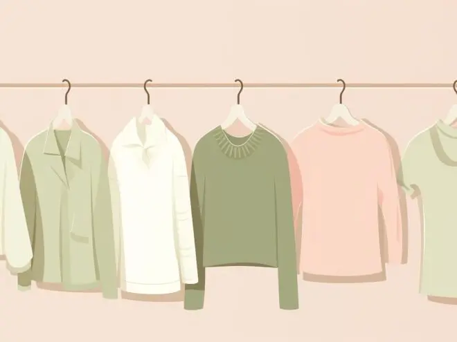 Clothes hanging on a rack.