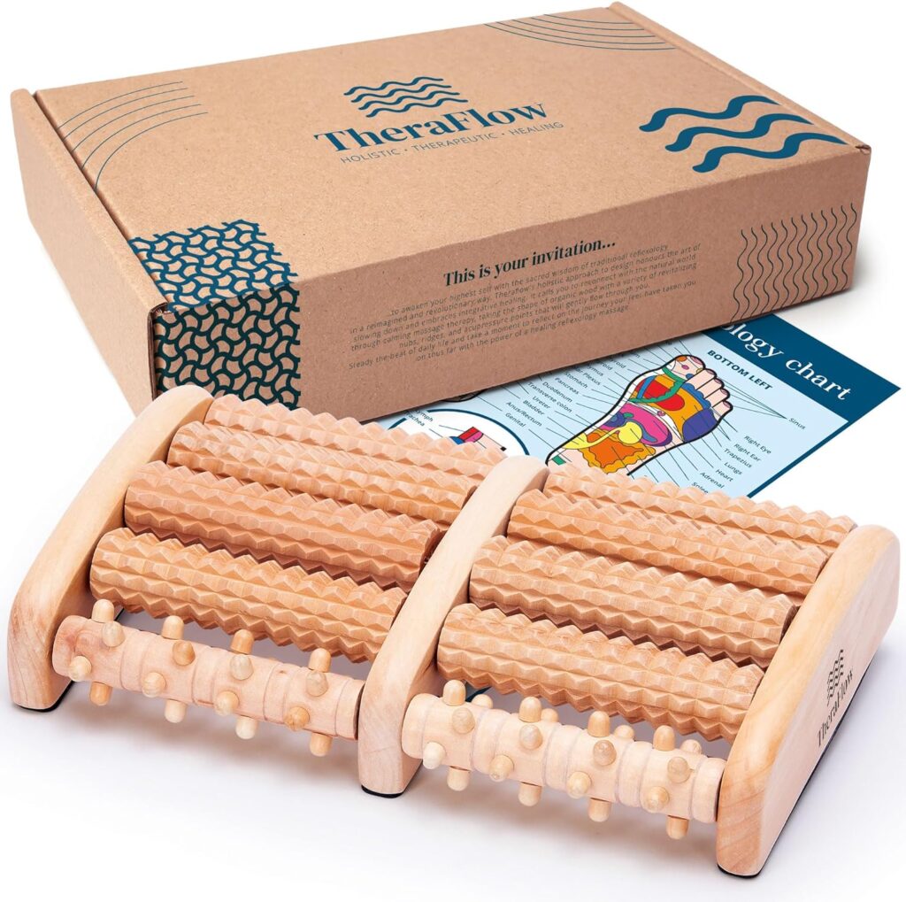 A TheraFlow wooden foot massager sits against a white background with its box and directional sheet behind it. It has rolling pegs that go under each food to massage the feet.