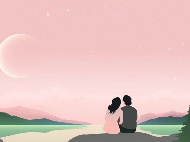 A man and woman sit on a rock overlooking a lake and the night sky.