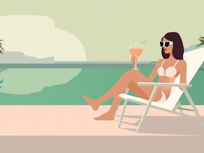 A woman sits by a pool drinking a cocktail.