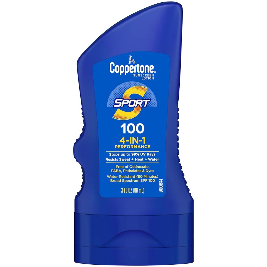 A 3-ounce, travel-sized bottle of Coppertone 100 SPF sport performance sunscreen sits against a white background.