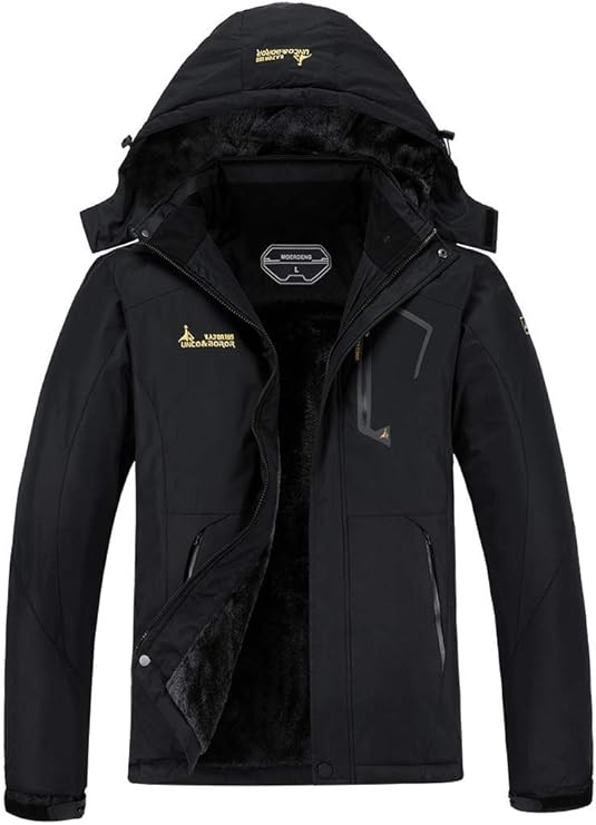 A black fur-lined ski jacket with a hood.