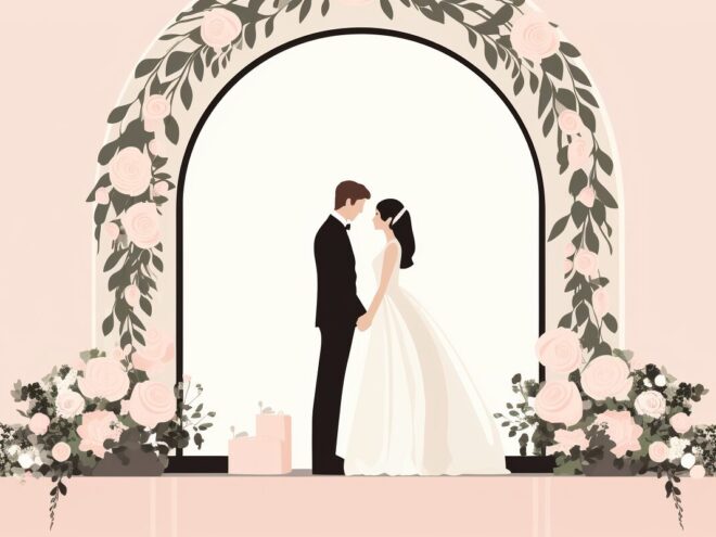 A bride and groom stand under a black and white archway with flowers.