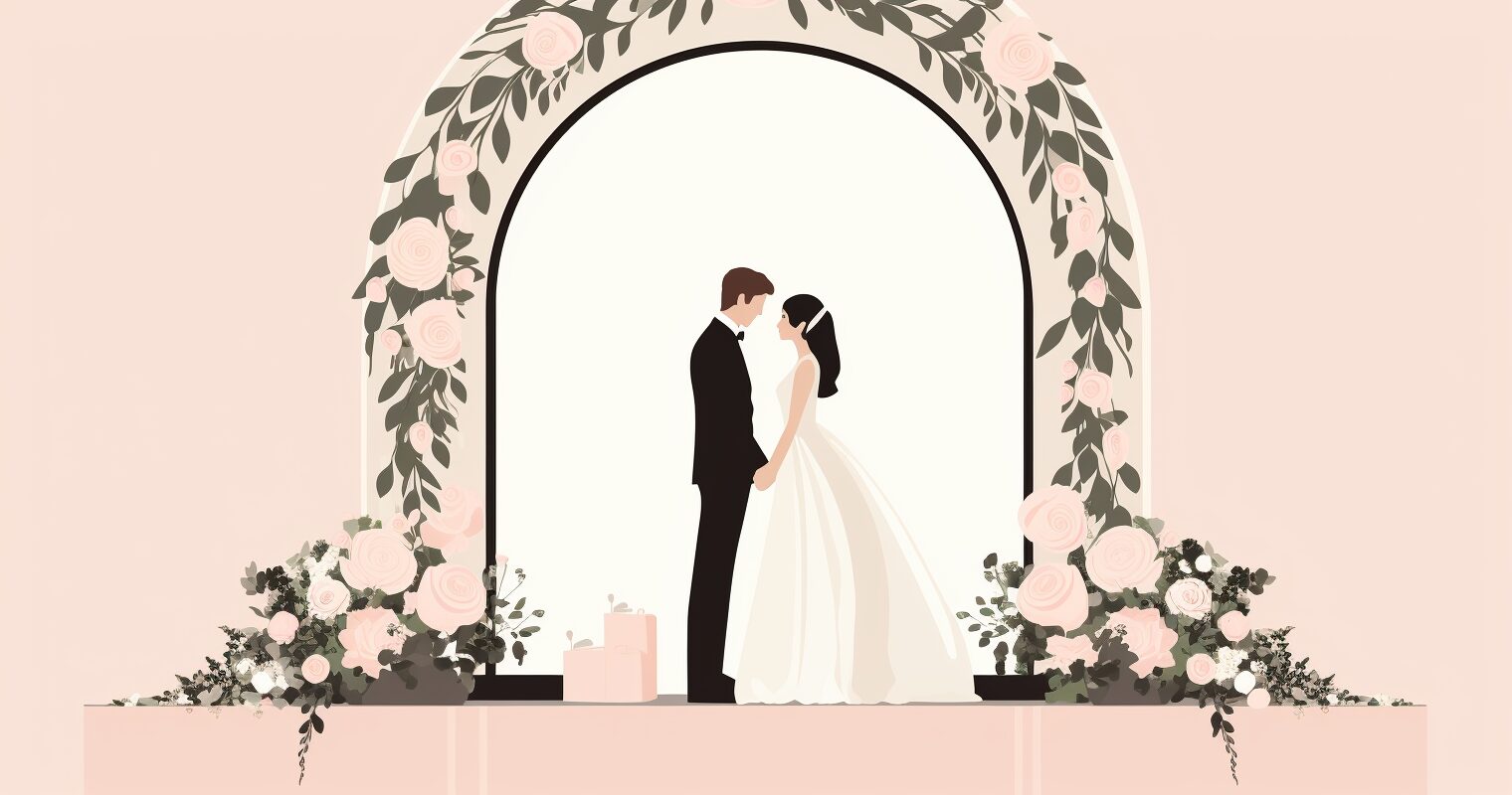 A bride and groom stand under a black and white archway with flowers.