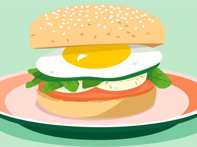 A breakfast sandwich with egg, lettuce and tomato.