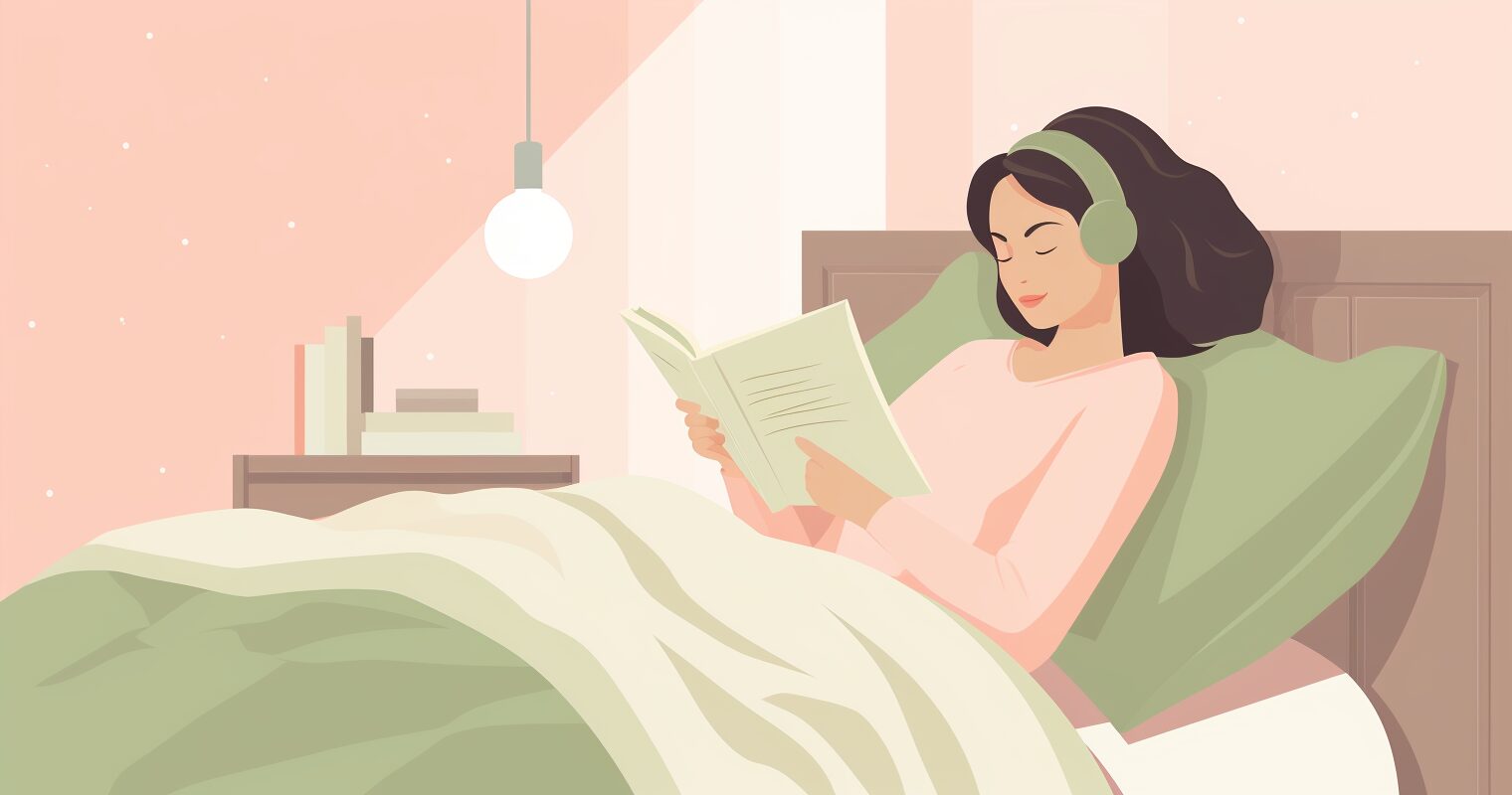 A woman reads a book in bed with headphones on.