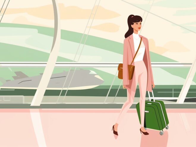 A woman walking through the airport with a suitcase.