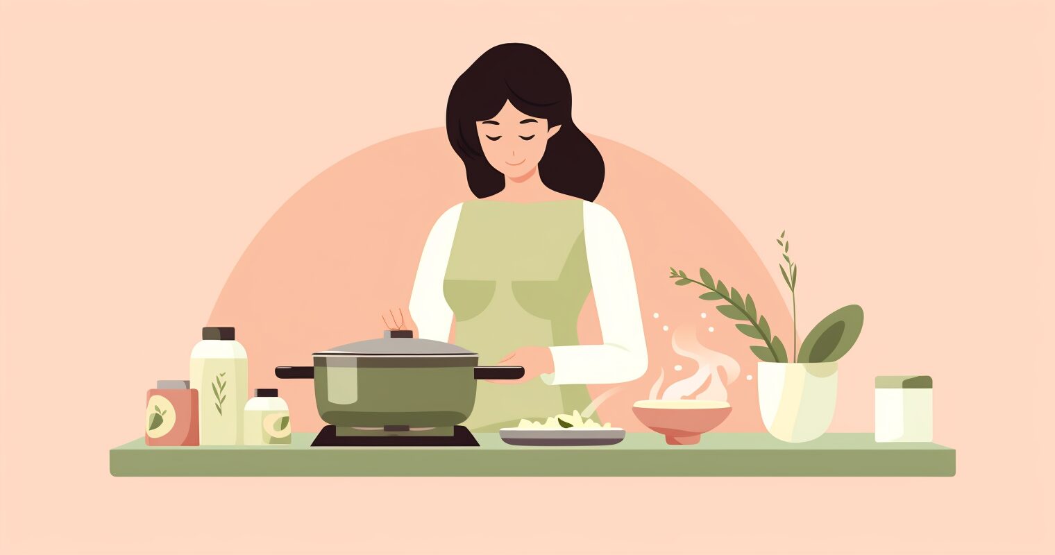 A woman cooking dinner.