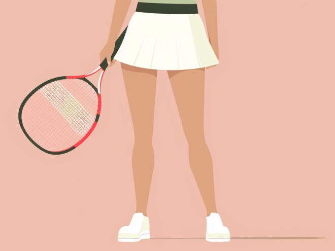 A woman holding a tennis racket and wearing a white tennis skirt and white sneakers.