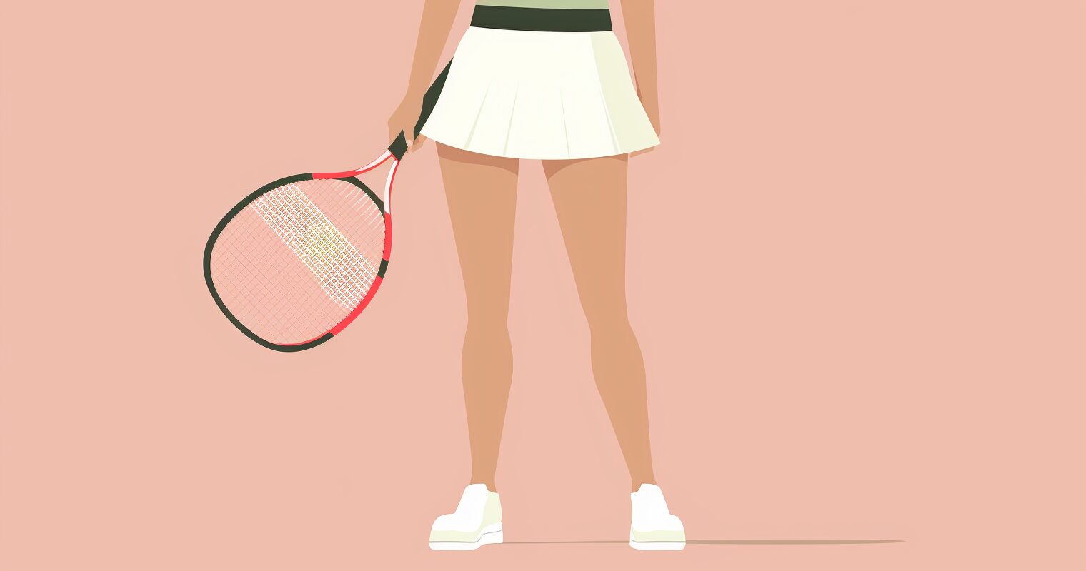 A woman holding a tennis racket and wearing a white tennis skirt and white sneakers.