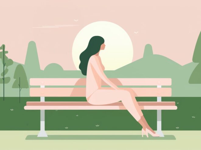 A woman sits on a park bench.