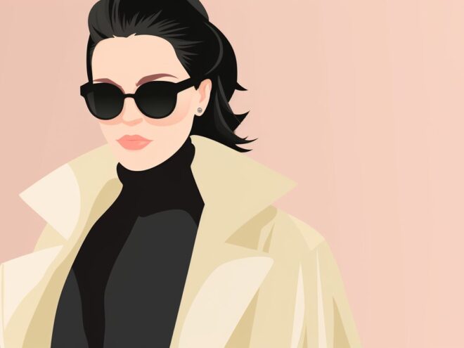 A woman with black hair wearing black sunglasses, a black turtleneck and a trench coat.