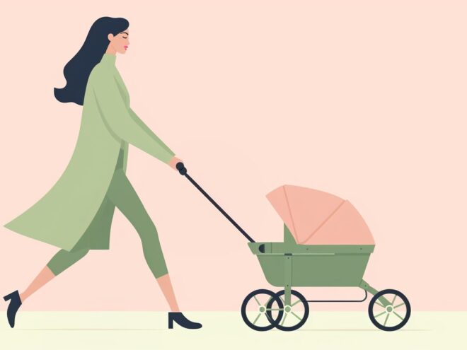 A woman pushing a baby carriage.