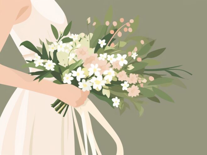 A bride holding a bouquet of wildflowers.