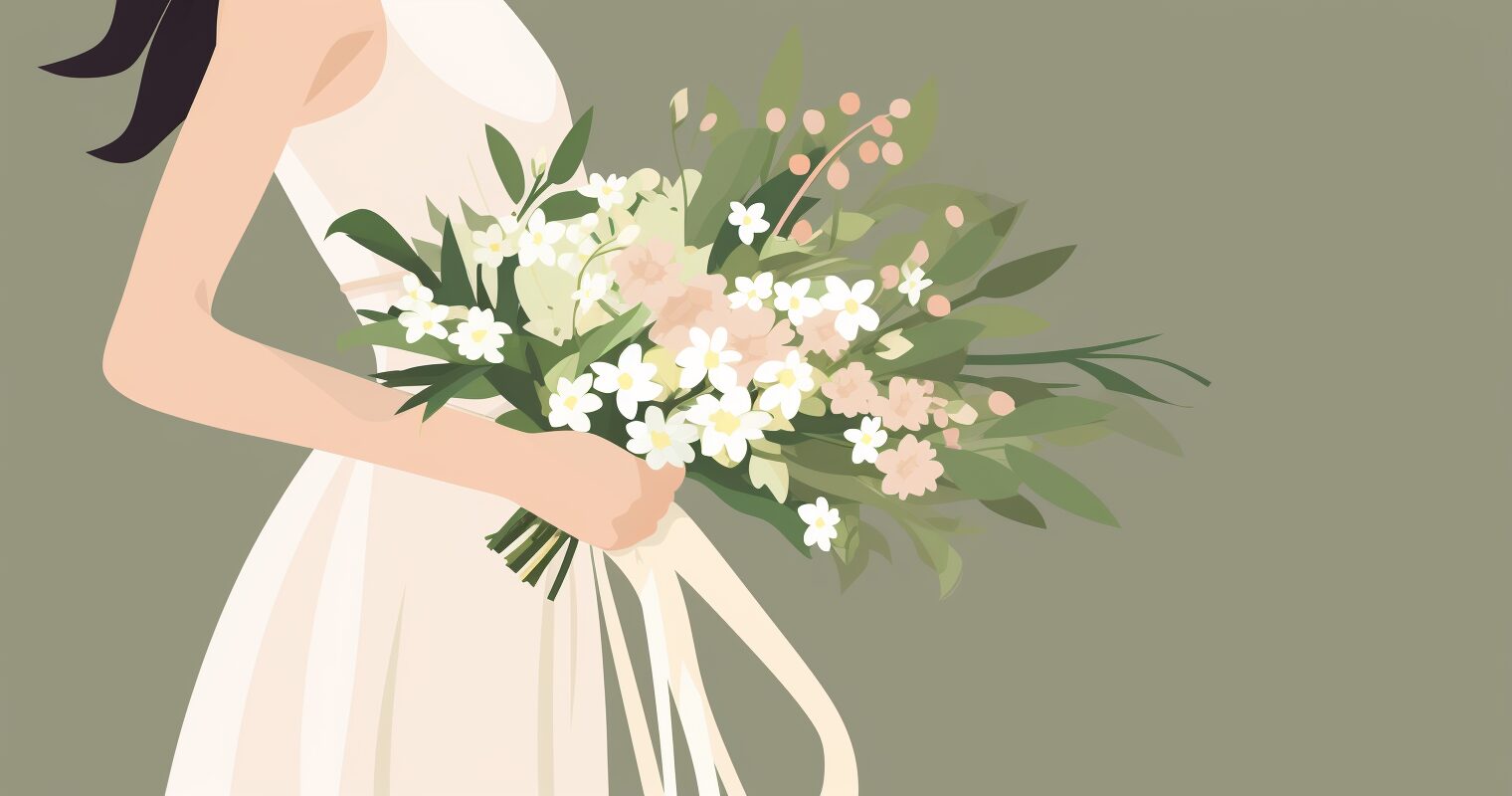 A bride holding a bouquet of wildflowers.