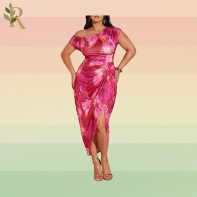 A woman wearing a colorful asymmetrical, plus-size-friendly dress