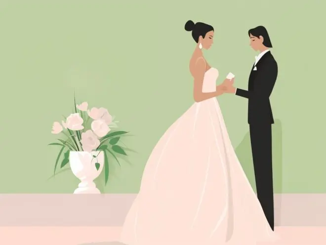 A couple says their vows at their wedding.