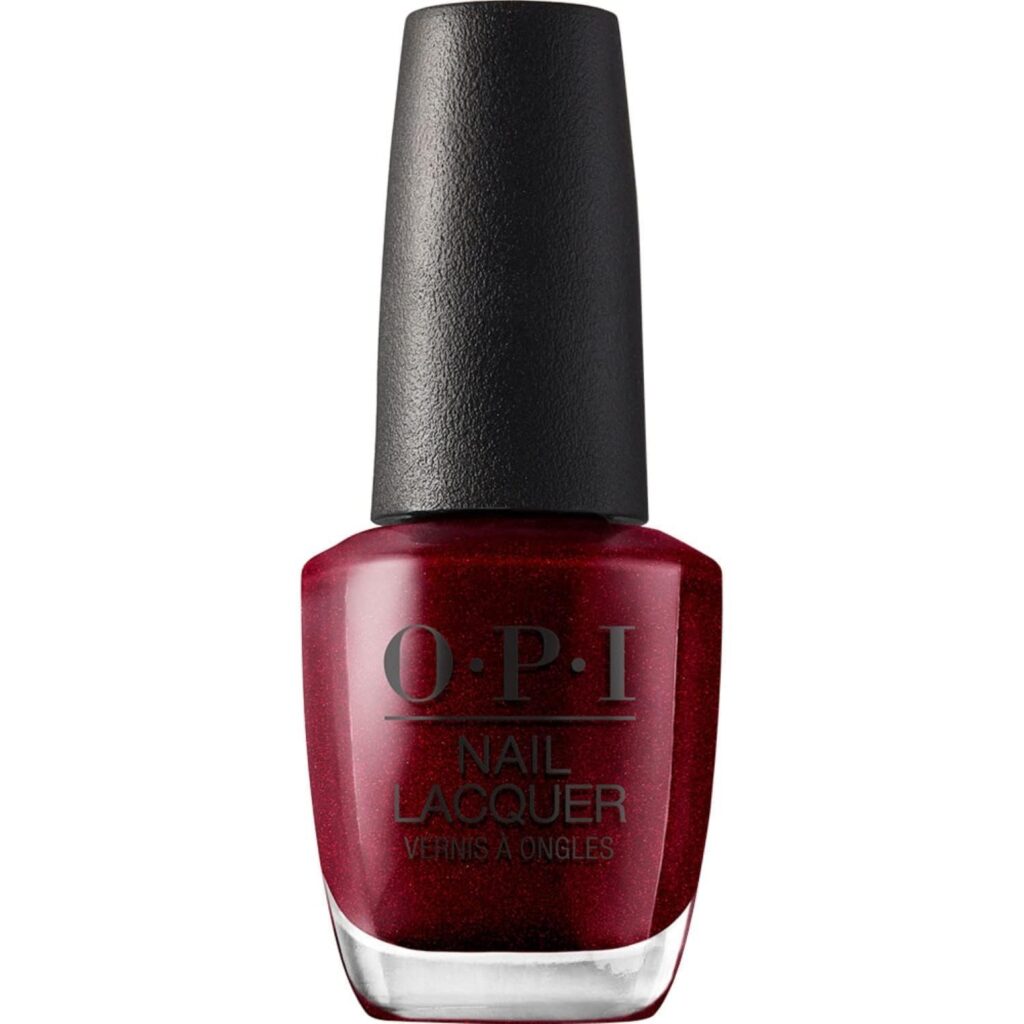 A bottle of OPI dark red nail polish