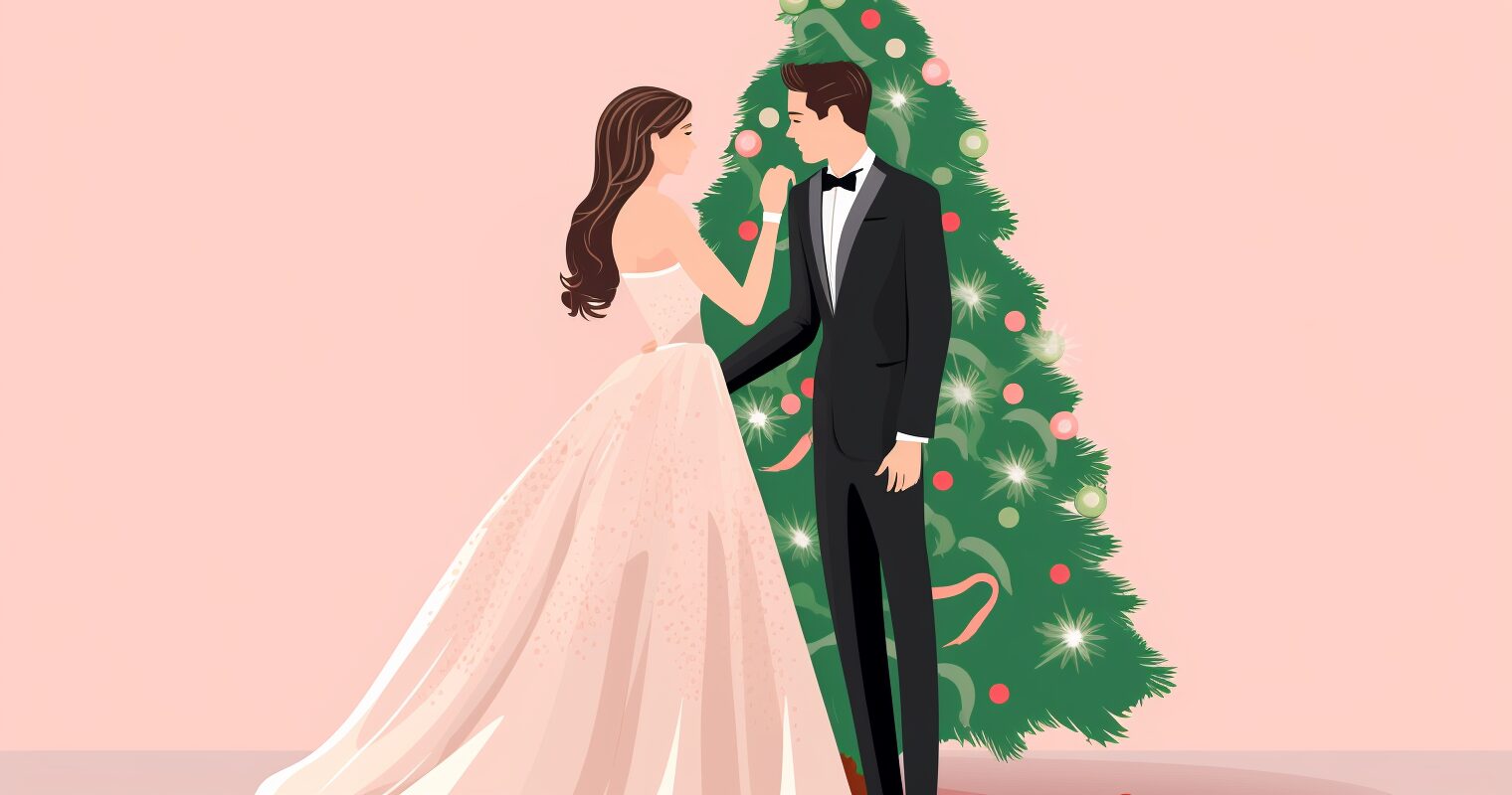 A bride and groom dancing in front of a Christmas tree.