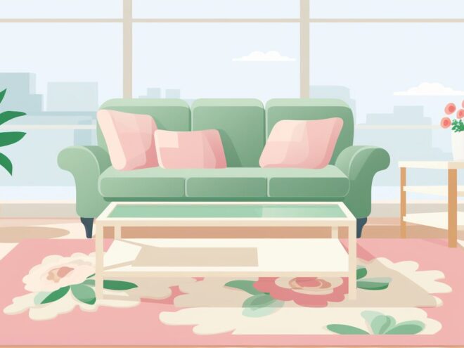 A living room with a floral patterned carpet.