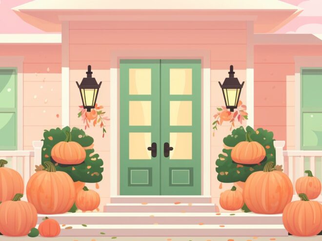 A house with pumpkins on the front porch.