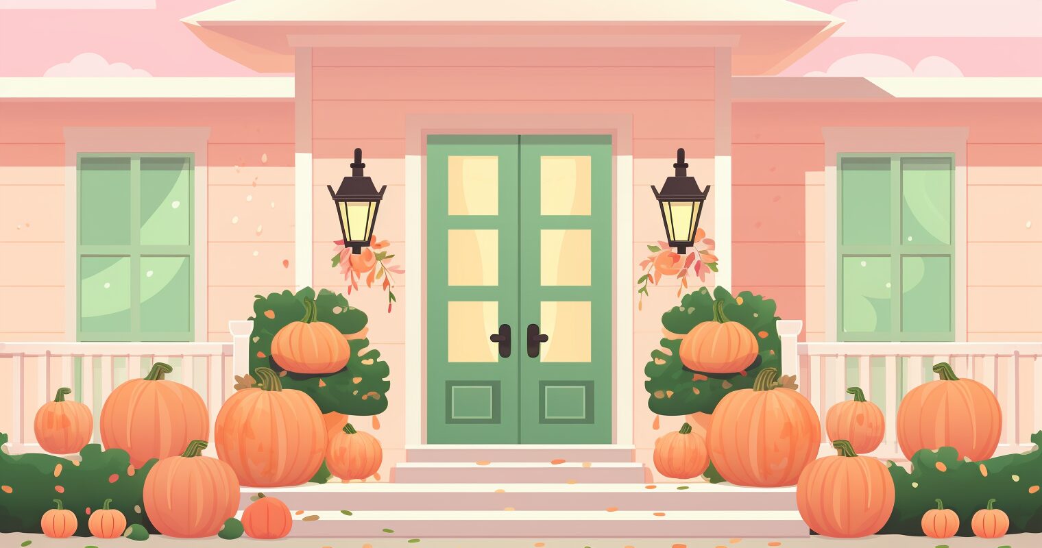 A house with pumpkins on the front porch.