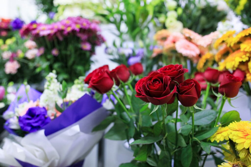 Bouquets of colorful flowers.