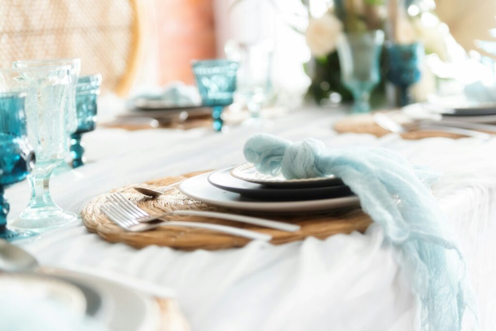 A table set with blue accents.