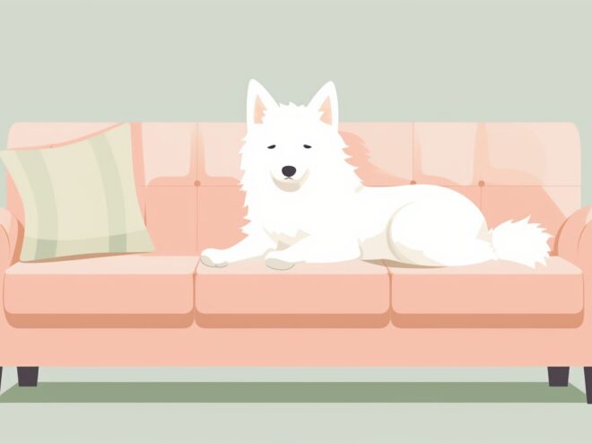 A white dog sitting on a pink couch.