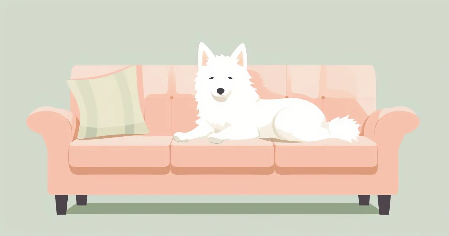 A white dog sitting on a pink couch.